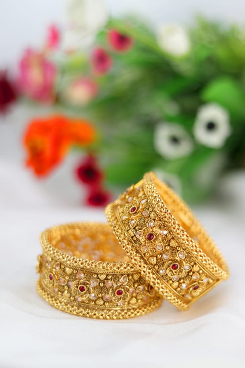 Antique Gold Bangles for Women | Premium Traditional Kundan & Ruby Stone Kada