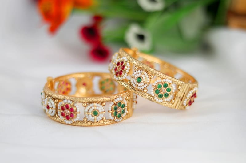 Traditional Floral Stone Kada Bangles for Women | Pearl & Multi-Color Stone Design | Festive & Wedding Jewellery