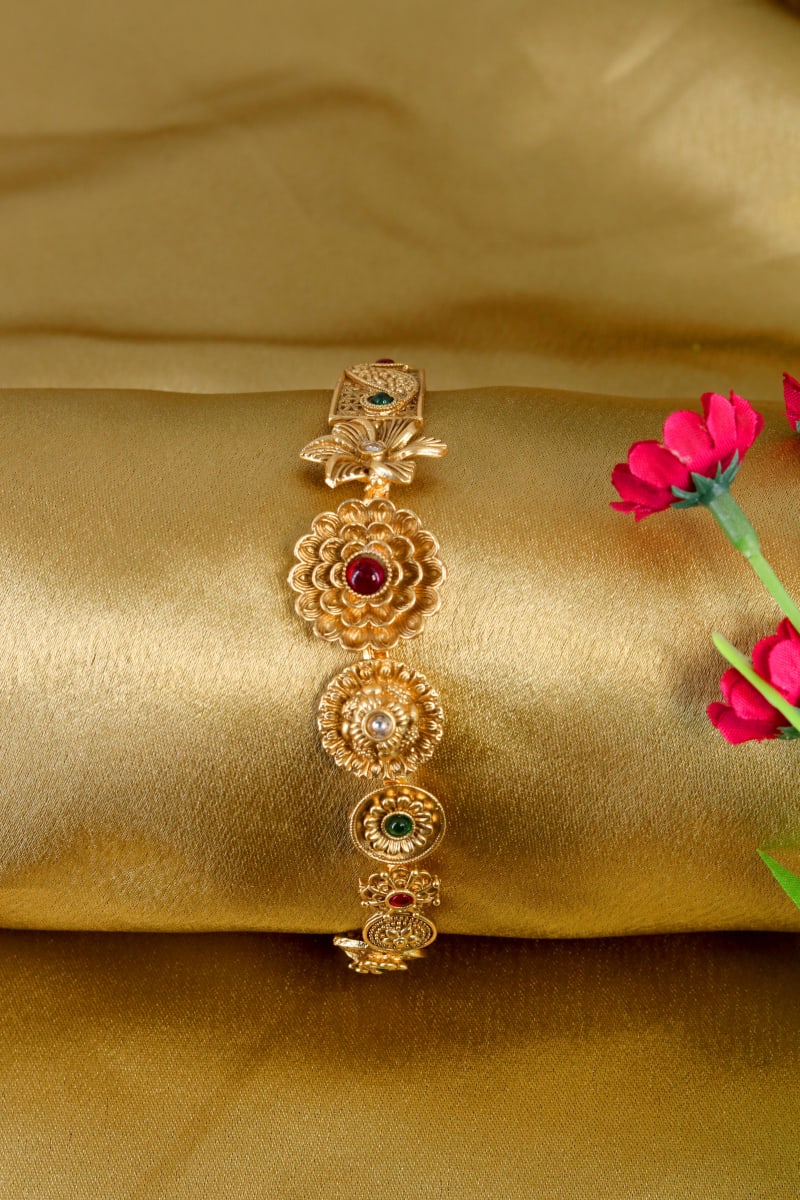 Gold-Plated Traditional Floral Multistone Bajuband | Bridal Armlet for Women | Ethnic Temple Jewellery