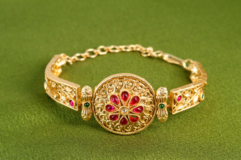 Traditional Gold-Plated Adjustable Bracelet – Ruby & Emerald Stone Floral Design | Ethnic Indian Jewelry