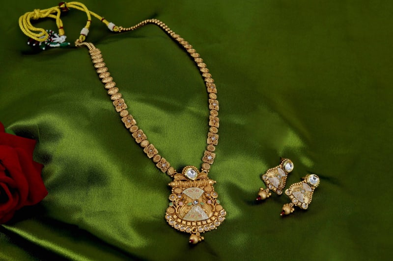 Traditional Gold-Plated Necklace Set for Women | Antique Designer Pendant with Matching Earrings | Wedding & Festive Jewellery