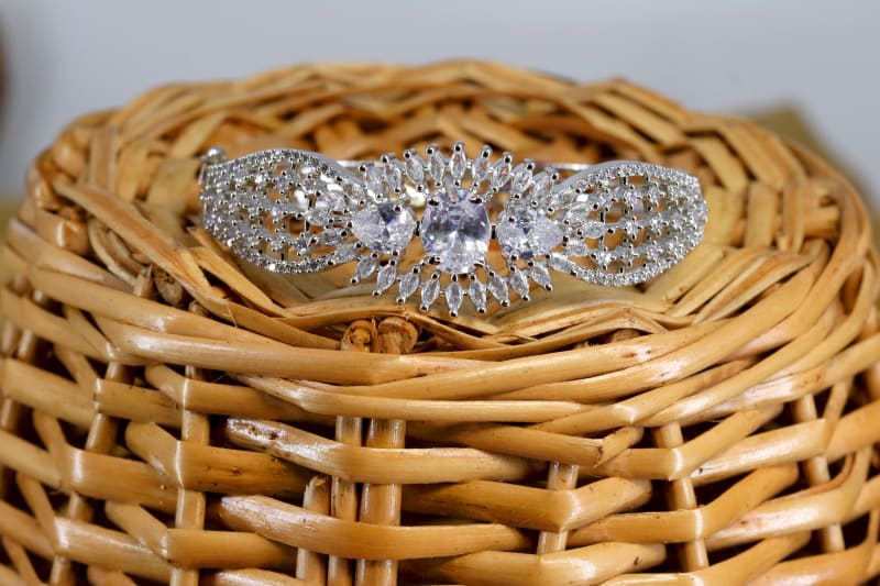 Premium Silver-Plated Designer CZ Stone Bangle | Bridal Partywear Kada | Elegant Sparkling Women’s Bracelet