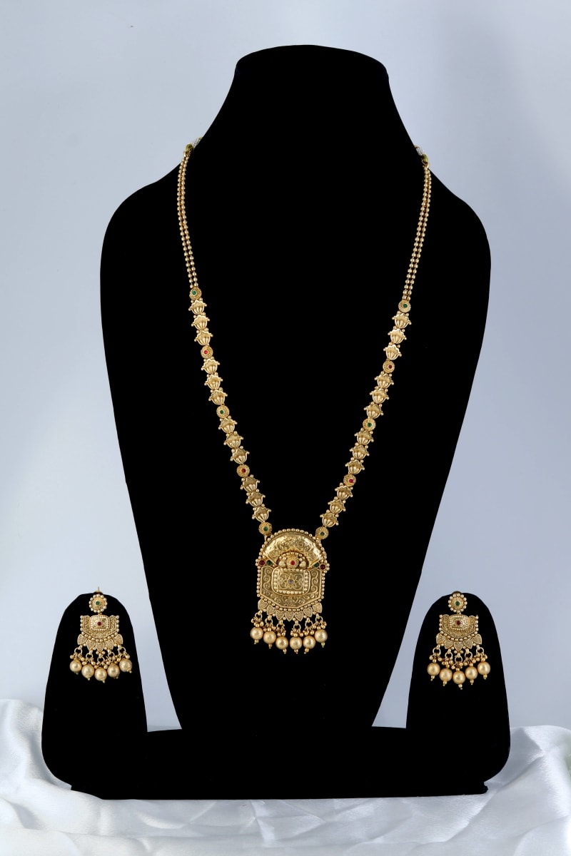Antique Gold-Plated Long Haram Necklace Set for Women | Temple Jewellery with Pendant & Jhumka Earrings | Bridal & South Indian Wedding Jeweller