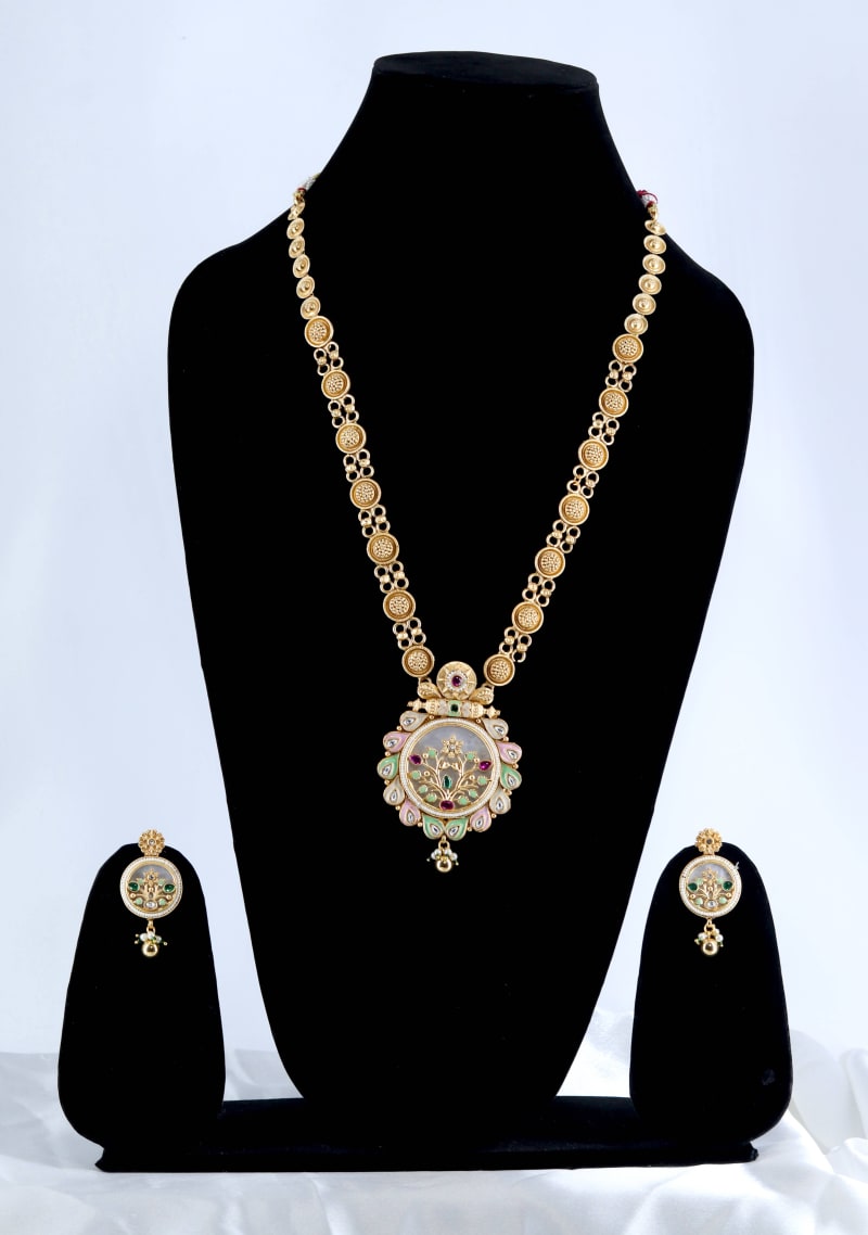 Meenakari Long Necklace Set for Women | Gold-Plated Hand-Painted Pendant Jewellery with Earrings | Traditional Wedding & Festive Wear Set