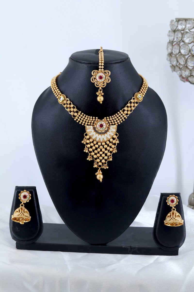 Traditional Antique Gold-Plated Bridal Choker Necklace Set for Women with Jhumka Earrings & Maang Tikka | Wedding & Festive Jewellery