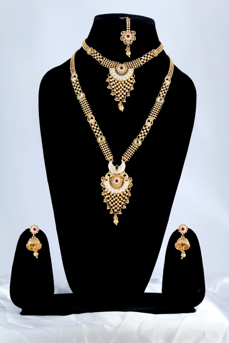 Antique Gold-Plated Bridal Choker & Long Necklace Jewellery Set for Women | Traditional Wedding Temple Design with Jhumka Earrings | Full Bridal Jewellery Set