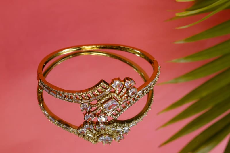 Premium Gold-Plated American Diamond Bracelet for Women | Baguette & Round CZ Stone Kada | Party Wear & Wedding Jewellery