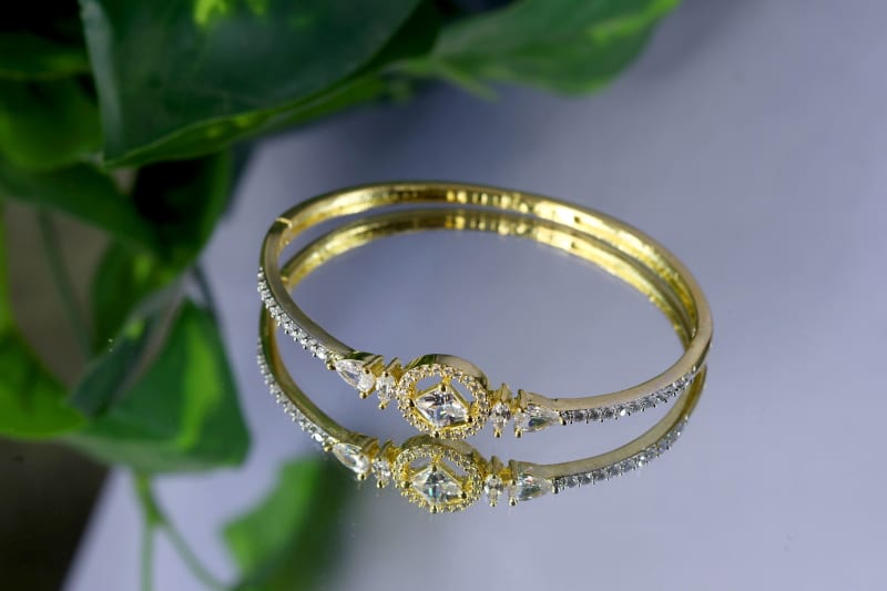 Elegant Gold-Plated Solitaire American Diamond Bracelet for Women | Pear-Cut CZ Stone Kada | Party Wear, Office Wear & Daily Wear Jewellery