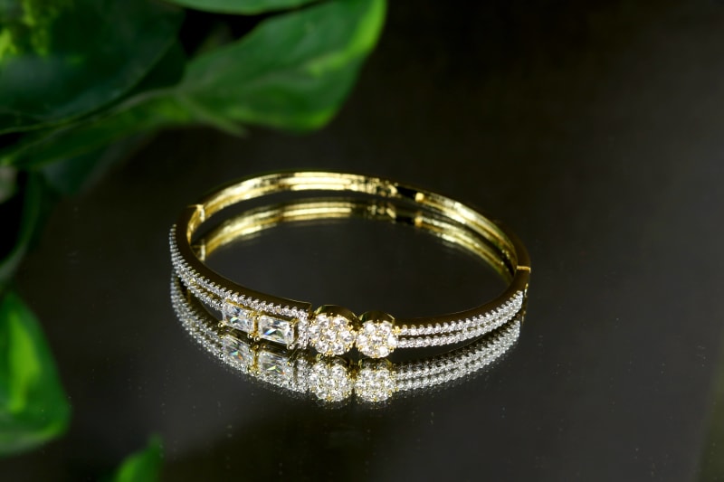 Premium Gold-Plated Baguette & Cluster American Diamond Bracelet for Women | Double Line CZ Stone Kada | Party, Wedding & Daily Wear Jewellery