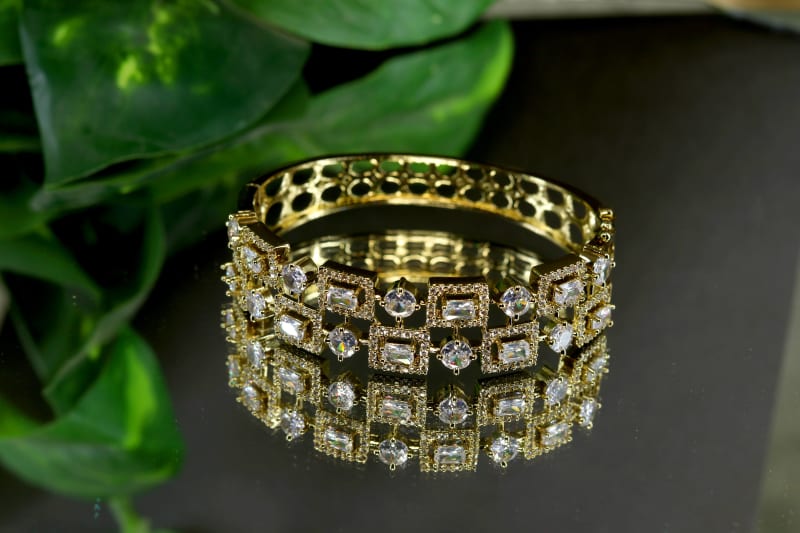 Premium Gold-Plated Designer American Diamond Bracelet for Women | Geometric Baguette & Round CZ Stone Kada | Wedding, Party & Luxury Jewellery