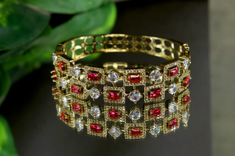 Gold-Plated Ruby & White American Diamond Designer Bracelet for Women | Geometric Baguette Stone Kada | Wedding, Party & Festive Jewellery
