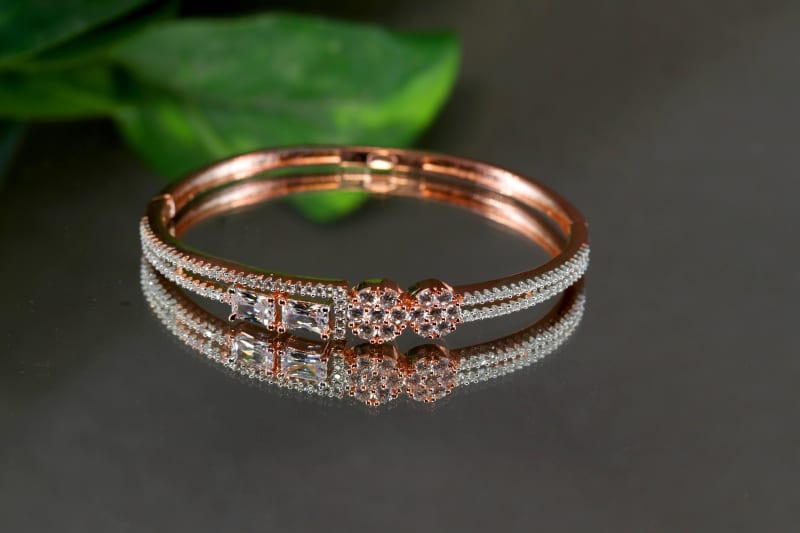 Premium Rose Gold-Plated American Diamond Bracelet for Women | Double Line Micro CZ Kada with Cluster & Baguette Stones | Party, Office & Daily Wear Jewellery