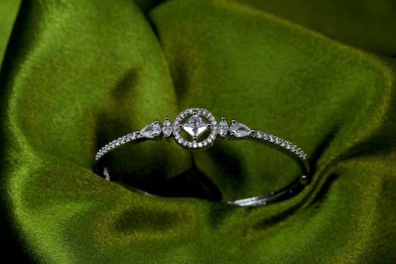 Premium Silver-Plated Solitaire American Diamond Bracelet for Women | Halo Design with Pear-Cut CZ Stones | Party, Office & Daily Wear Jewellery