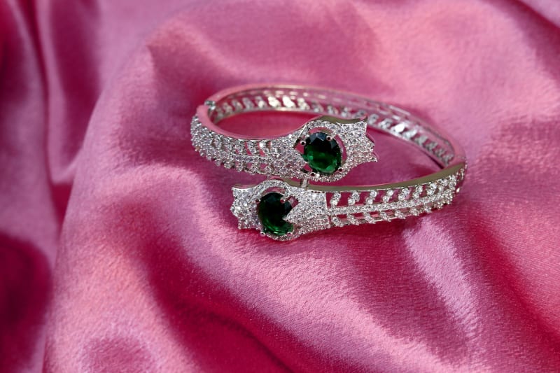 Premium Silver-Plated Emerald Stone American Diamond Bracelet for Women | Double Kada Design with Green CZ Centerpiece | Wedding, Party & Festive Jewellery