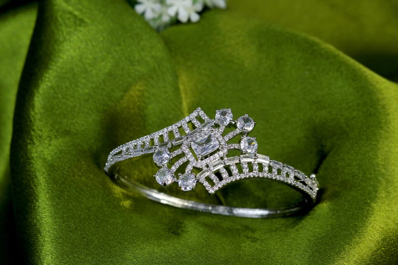Premium Silver-Plated American Diamond Baguette & Round CZ Designer Bracelet for Women | Princess Crown Style Kada | Bridal, Party & Festive Jewellery