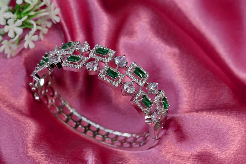 Premium Silver-Plated Emerald & White American Diamond Designer Bracelet for Women | Geometric Baguette CZ Kada | Bridal, Party & Festive Wear Jewellery