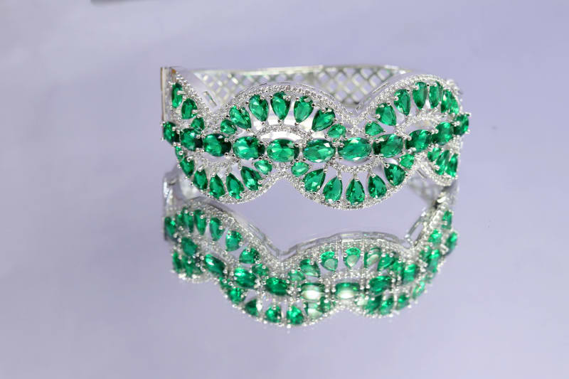 Royal Emerald Green Stone American Diamond Kada for Women | Premium Silver-Plated CZ Bracelet | Bridal, Festive & Party Wear Jewellery