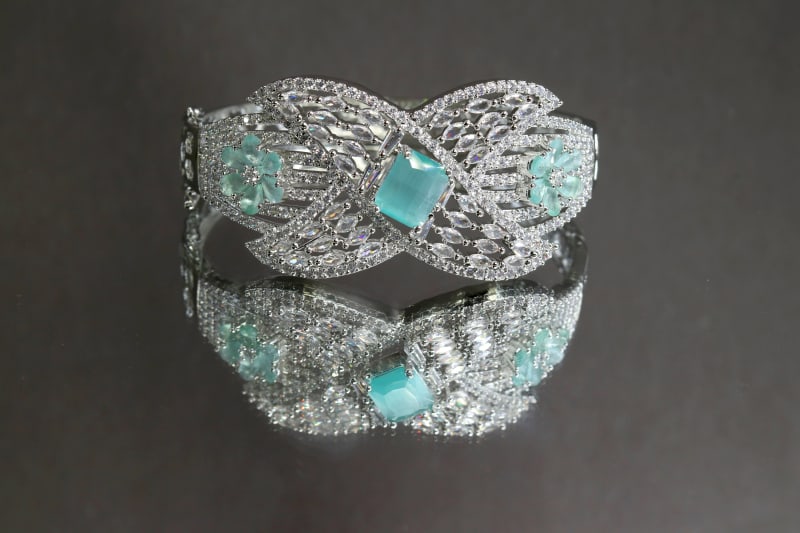 Premium Aqua Blue Stone Designer Kada for Women | CZ Diamond Silver Finish Bracelet | Party Wear, Bridal & Festive Jewellery