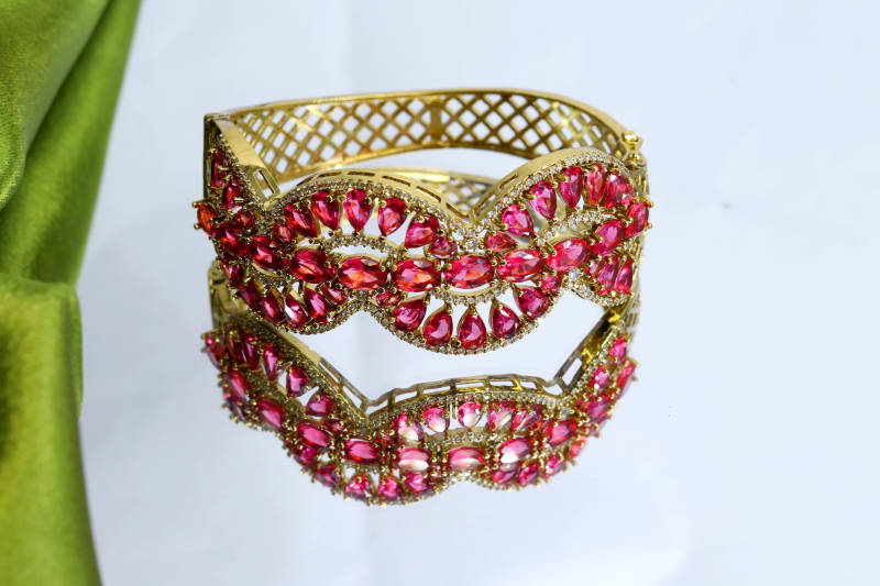 Luxury Ruby Pink Stone Kada for Women | Gold Finish CZ Studded Designer Bracelet | Bridal, Party Wear & Festive Jewellery