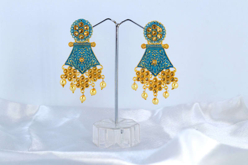 Traditional Blue Meenakari Dangler Earrings for Women | Gold Plated Pearl Drop Ethnic Jhumka Style | Festive & Wedding Jewellery