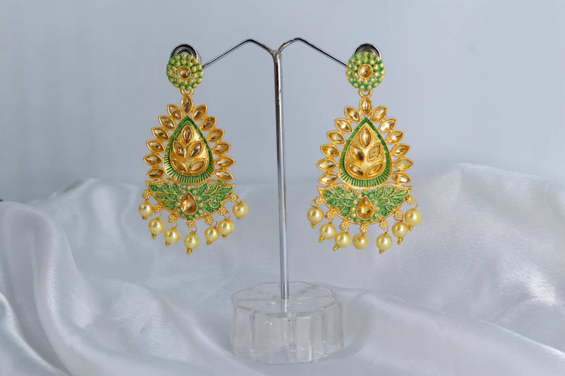 Handcrafted Green Meenakari Chandbali Earrings for Women | Gold-Plated Traditional Ethnic Earrings with Pearl Drops | Wedding & Festive Jewellery