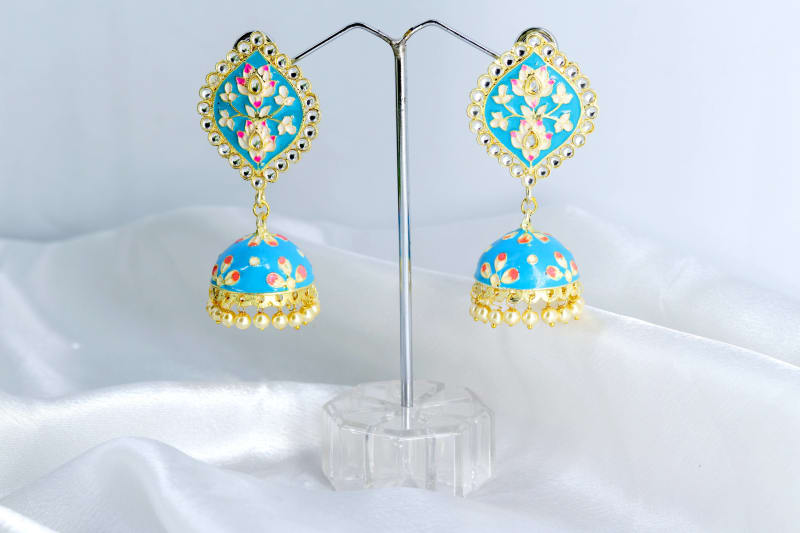 Turquoise Blue Meenakari Jhumka Earrings for Women | Hand-Painted Traditional Gold-Plated Jhumki with Pearl Drops | Ethnic Festive Jewellery