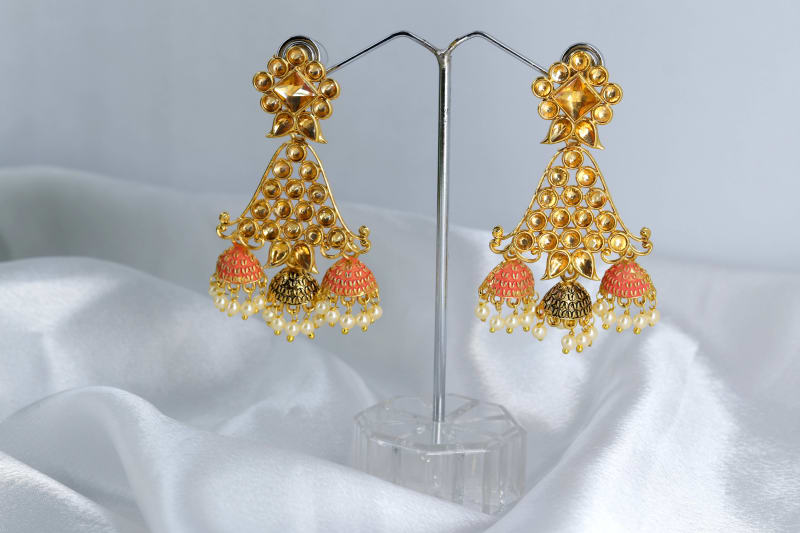 Traditional Gold-Plated Jhumka Earrings for Women | Triple Dome Jhumki with Pearl Drops | Ethnic Kundan-Style Festive Earrings