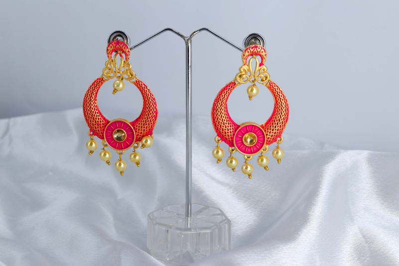 Pink Meenakari Gold-Plated Hoop Earrings for Women | Ethnic Dangler Jhumka with Pearl Drops | Festive & Wedding Wear Jewellery