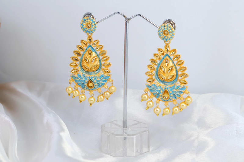 Gold-Plated Kundan Meenakari Tear-Drop Dangler Earrings for Women | Sky Blue Enamel Temple Design with Pearl Drops | Wedding & Festive Jewellery