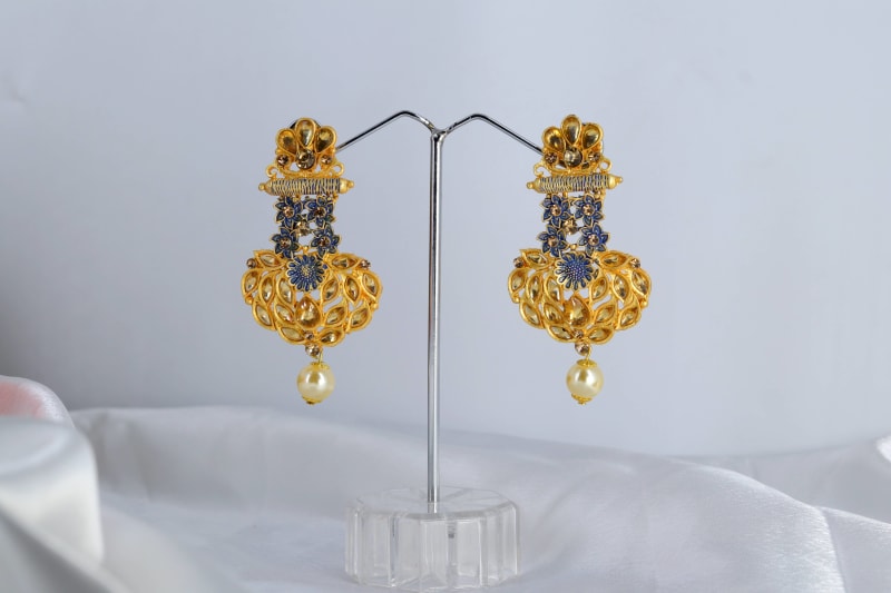 Gold-Plated Blue Floral Kundan Meenakari Dangler Earrings for Women | Designer Lotus Pattern with Pearl Drop | Festive & Wedding Ethnic Jewellery