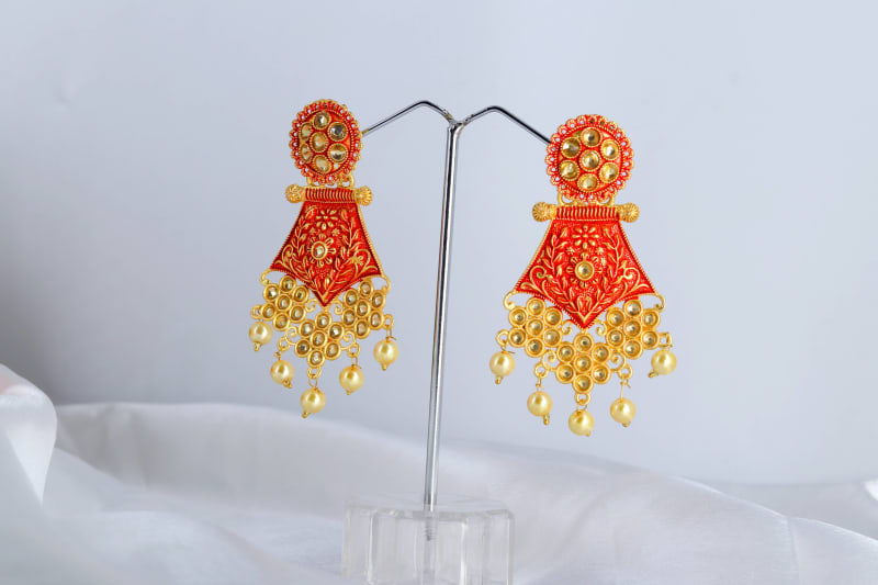 Gold-Plated Red Meenakari Kundan Dangler Earrings for Women | Traditional Temple Design with Pearl Drops | Bridal & Festive Ethnic Jewellery