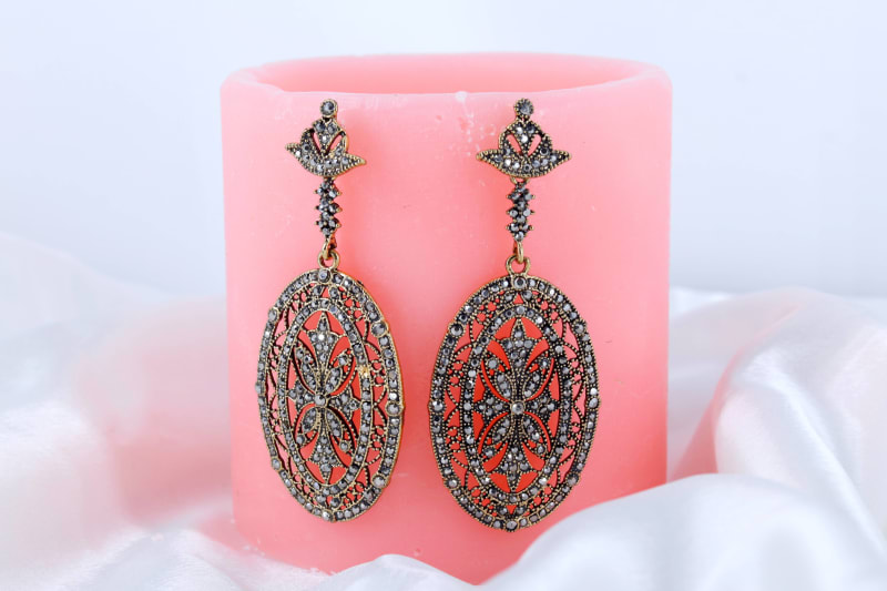 Antique Gold Oxidized Long Oval Earrings for Women | Vintage Crystal Studded Dangler Earrings | Partywear & Western Fashion Jewellery