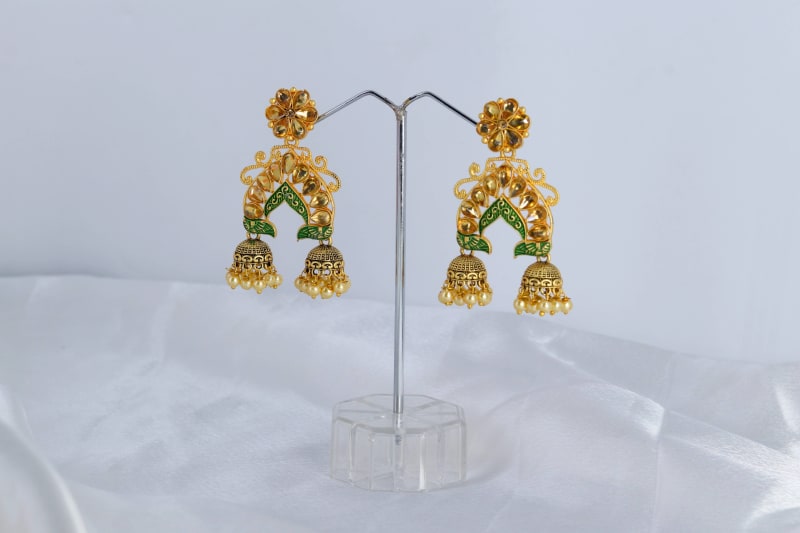 Gold-Plated Green Meenakari Kundan Jhumka Earrings for Women | Traditional Arch-Design Dangler Earrings with Pearl Drops | Festive & Wedding Jewellery