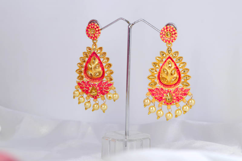 Gold-Plated Pink Meenakari Kundan Teardrop Dangler Earrings for Women | Pearl Drop Traditional Festive Jewellery | Wedding & Party Wear Earrings