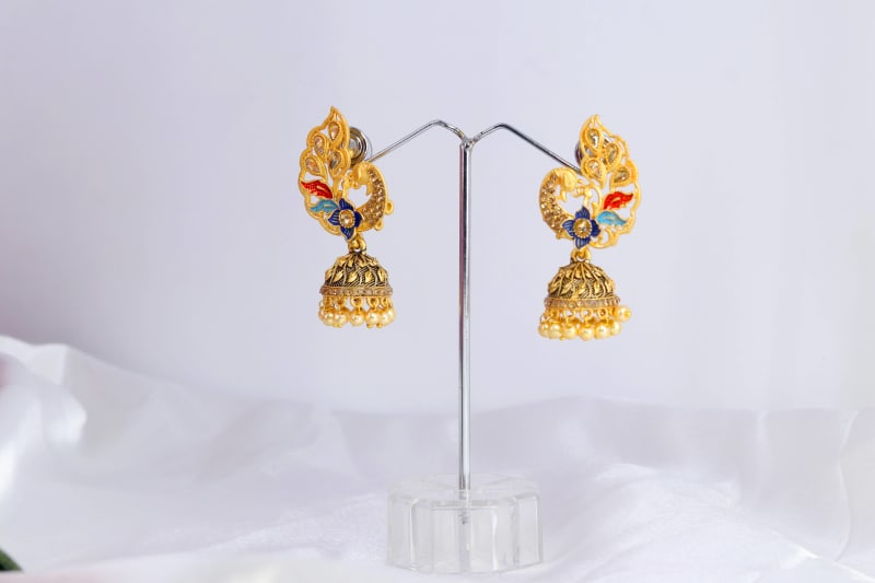 Gold-Plated Multicolor Meenakari Peacock Jhumka Earrings for Women | Traditional Ethnic Wedding Jewellery with Pearl Drops