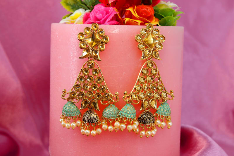 Gold-Plated Kundan Meenakari Triple Jhumka Earrings for Women | Mint Green Enamel Drops with Pearl Beads | Traditional Wedding & Festive Jewellery