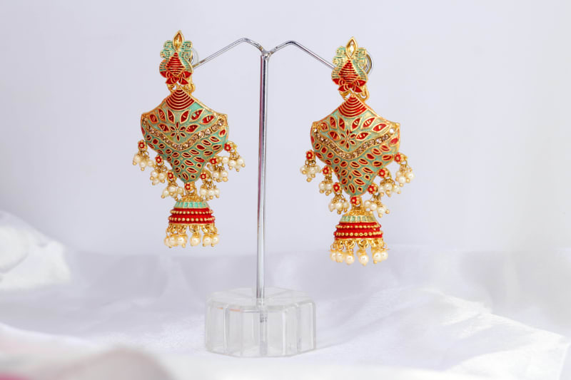 Gold-Plated Green & Red Meenakari Dangler Earrings for Women | Kundan Leaf Pattern with Pearl Jhumka Drops | Bridal, Haldi & Festive Jewellery