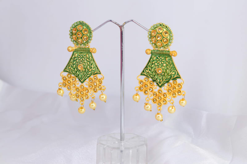 Gold-Plated Green Meenakari Floral Jhumka Dangler Earrings for Women | Traditional Pearl Drop Chandbali Design | Wedding & Festive Jewellery