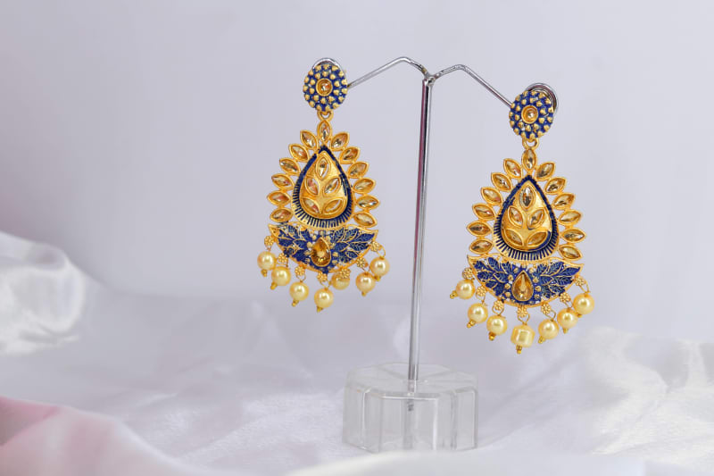 Gold-Plated Navy Blue Kundan Meenakari Tear-Drop Dangler Earrings for Women | Pearl Drop Temple Style Festive & Wedding Jewellery