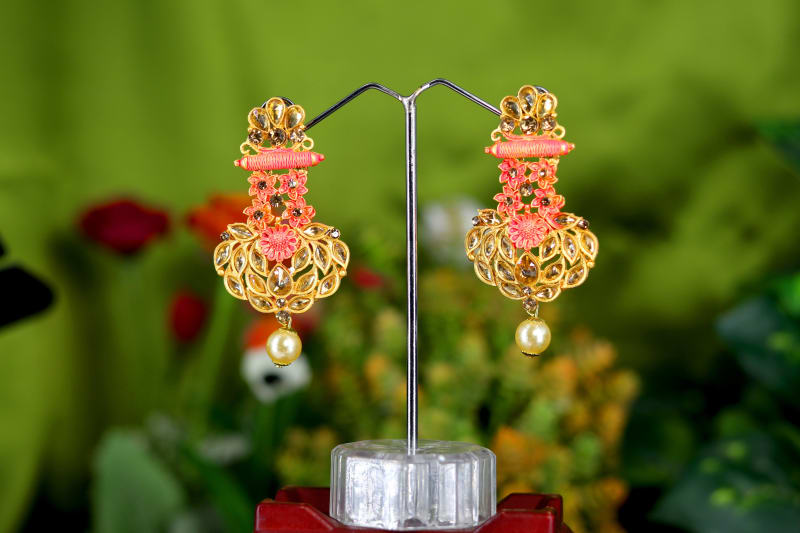 Gold-Plated Kundan Floral Dangler Earrings for Women | Peach Enamel Flower Design with Single Pearl Drop | Festive & Wedding Jewellery