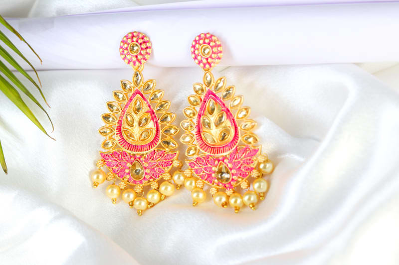 Gold-Plated Pink Meenakari Kundan Earrings for Women | Teardrop Temple Design with Pearl Drops | Bridal, Festive & Partywear Jewellery