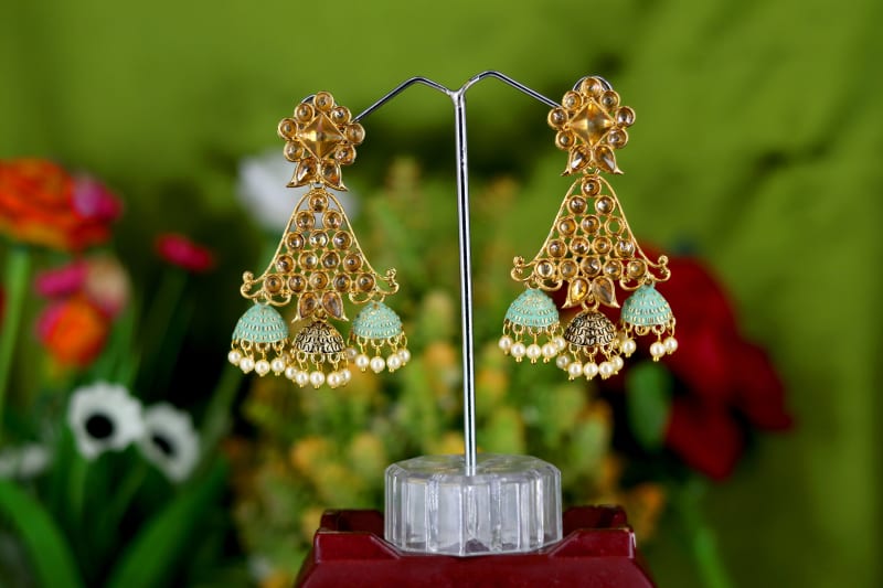 Gold-Plated Mint Green Meenakari Jhumka Dangler Earrings for Women | Kundan Studded Triangle Design with Pearl Drops | Festive & Wedding Jewellery
