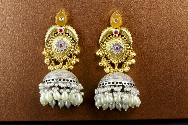 Golden Temple-Style Dual Tone Jhumka Earrings with Silver Dome & Pearl Layers | Traditional Heavy Wedding Jewellery for Women
