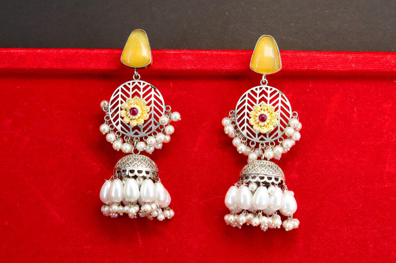 Antique Silver Oxidised Jhumka Earrings with Pearl Drops & Golden Floral Center | Traditional Metal Jhumki for Womenx