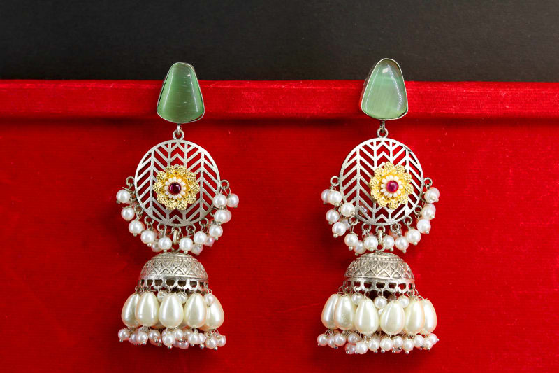 Green Stone Silver Oxidised Jhumka Earrings with Pearl Drops | Antique Round Cutwork Jhumki for Women & Girls