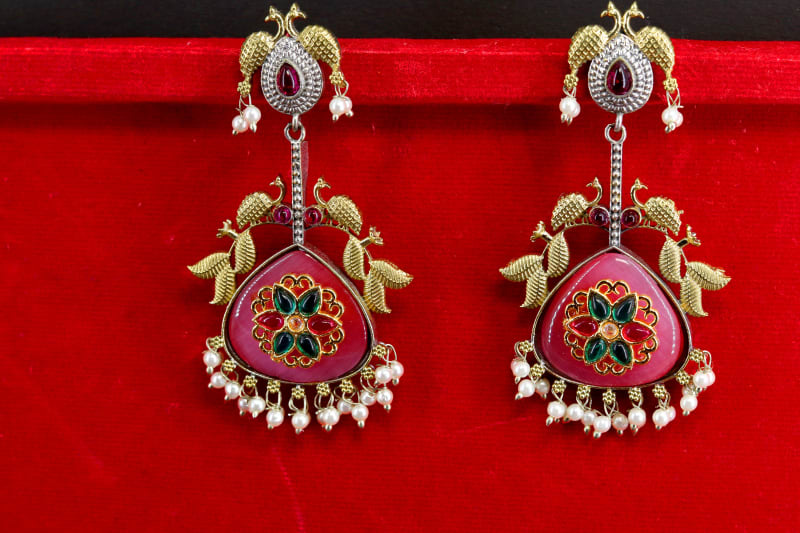 Handcrafted Peacock Motif Red Meenakari Dangler Earrings with Pearl Drops | Traditional Festive Jewellery for Women & Girls
