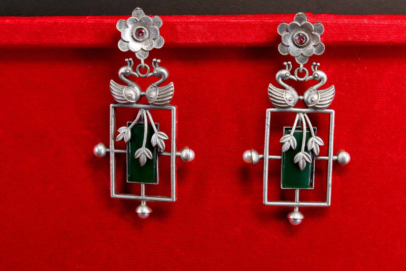 Handcrafted Oxidised Silver Peacock Statement Earrings | Green Stone Antique Dangler Earrings for Women