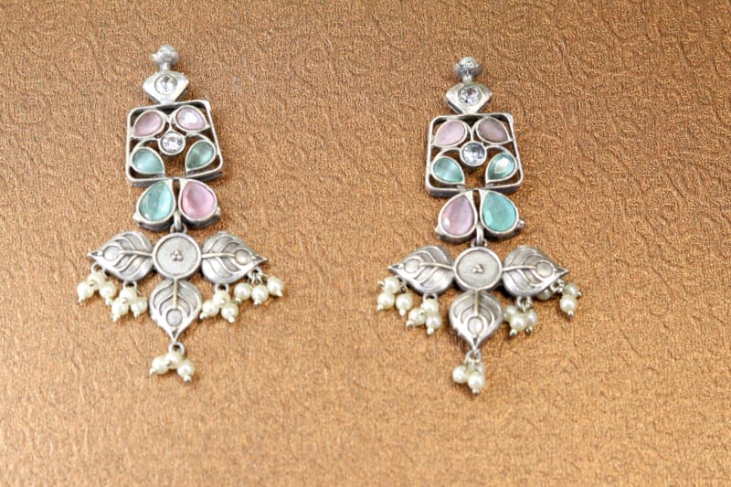 Handcrafted Oxidised Silver Pastel Stone Dangler Earrings | Boho Tribal Ethnic Jewellery for Women