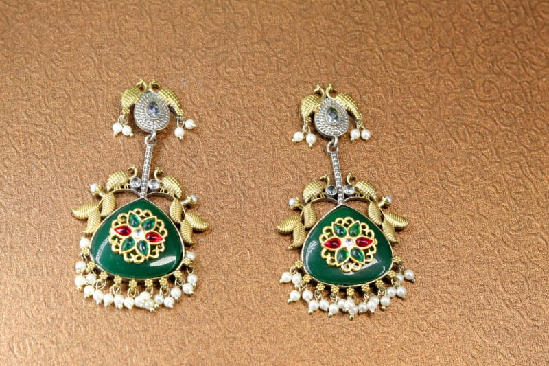 Royal Peacock Design Green Enamel Ethnic Earrings with Pearls | Traditional Indian Festive Jewellery for Women