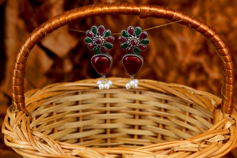 Oxidized Silver Red & Green Stone Floral Earrings with Pearl Drops | Ethnic Party Wear Jewellery for Women